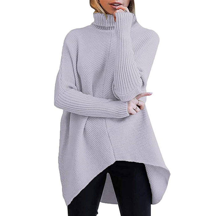 Beakey Womens Turtleneck Long Sweater Batwing Sleeve Asymmetric Hem Pullover Knit Tops-Gray-YY528