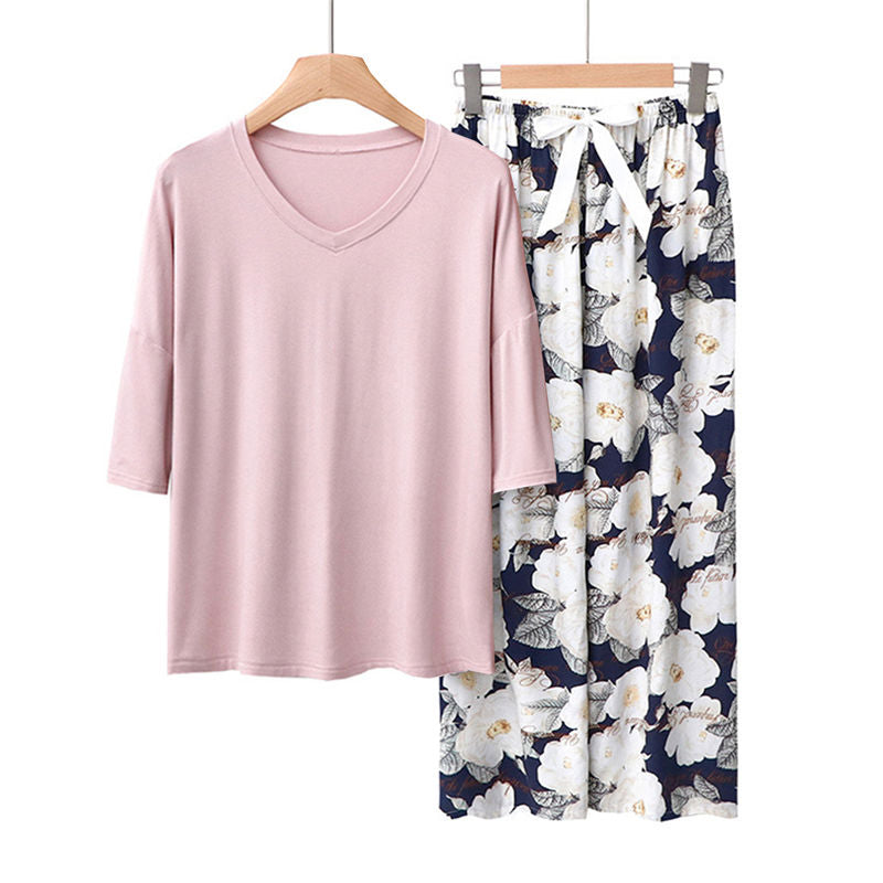 Beakey Womens Pajama Set Print Sleepwear Soft V-Neck Short Sleeve Top With Pants-4