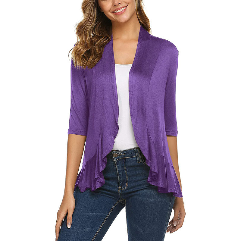 Beakey Women's Open Front Cardigan 3/4 Sleeve Draped Ruffles Soft Knit Sweaters-Purple-8012