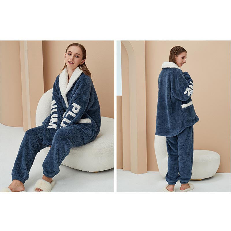 Beakey Womens Winter Fleece Pajamas Set Warm Loungewear-Navy Blue