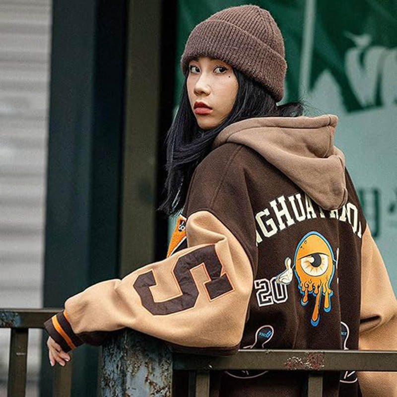 Beakey Y2K Varsity Jacket Unisex Embroidery print Baseball Coat Streetwear-Khaki