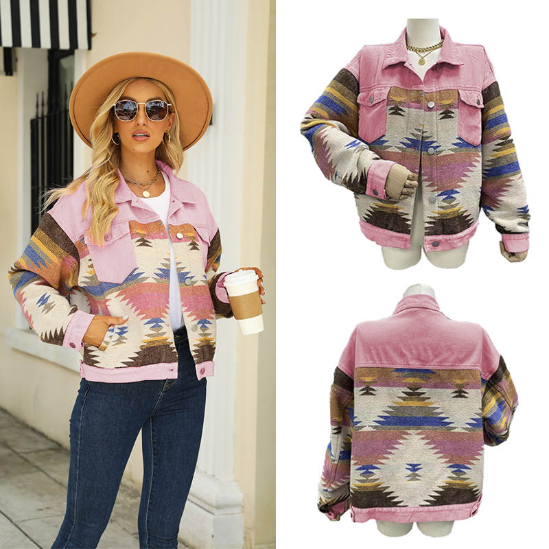 Beakey Denim Jacket for Women Aztec Print Contrast Color Cropped Coat-Pink