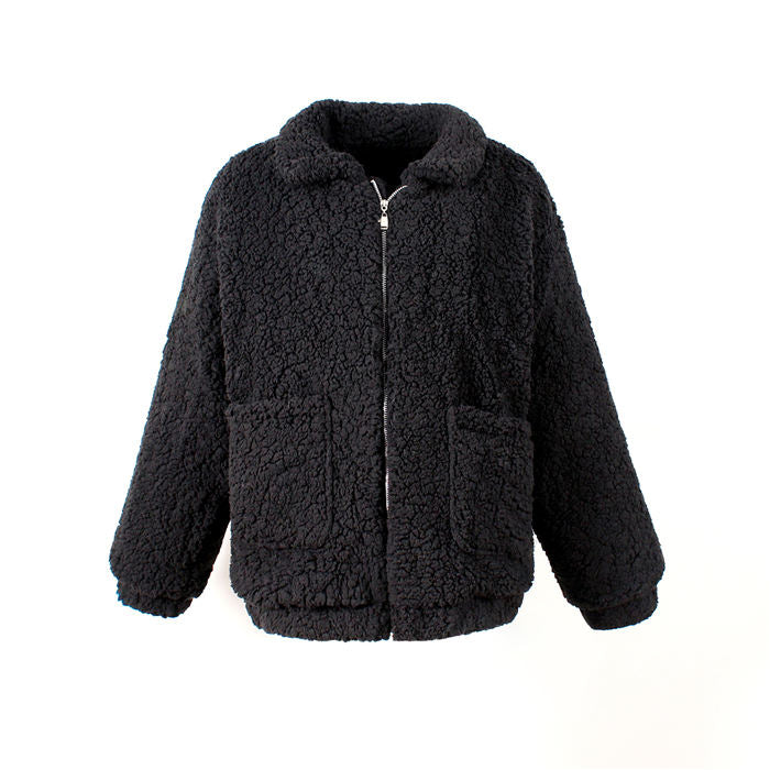 Beakey Women's Lapel Zip Up Coat Faux Shearling Shaggy Oversized  Jacket Warm Winter-Black-T0647