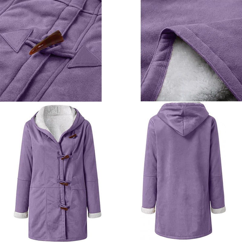 Beakey Fleece Jackets for Women Horn Button Winter Hooded Outwear-Purple