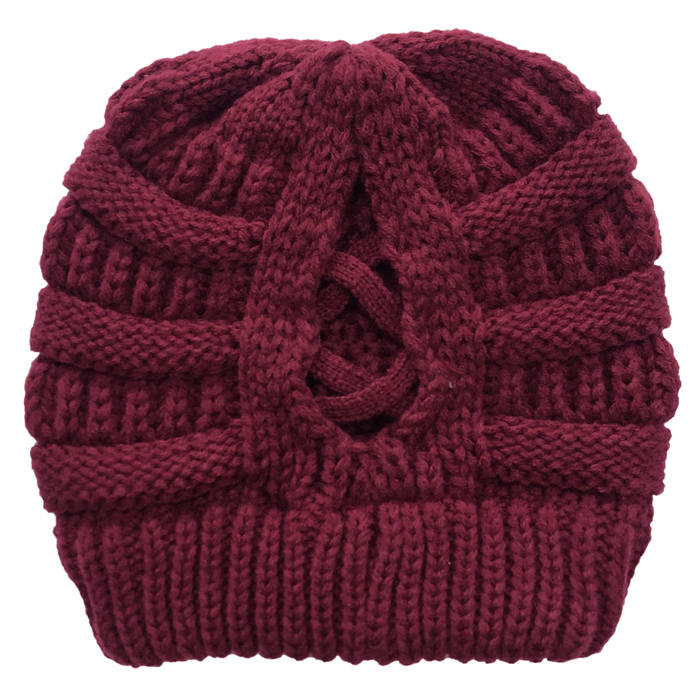 Beakey Soft Stretch Cable Knit Hat Ponytail Beanie Winter Hat For Women-Maroon