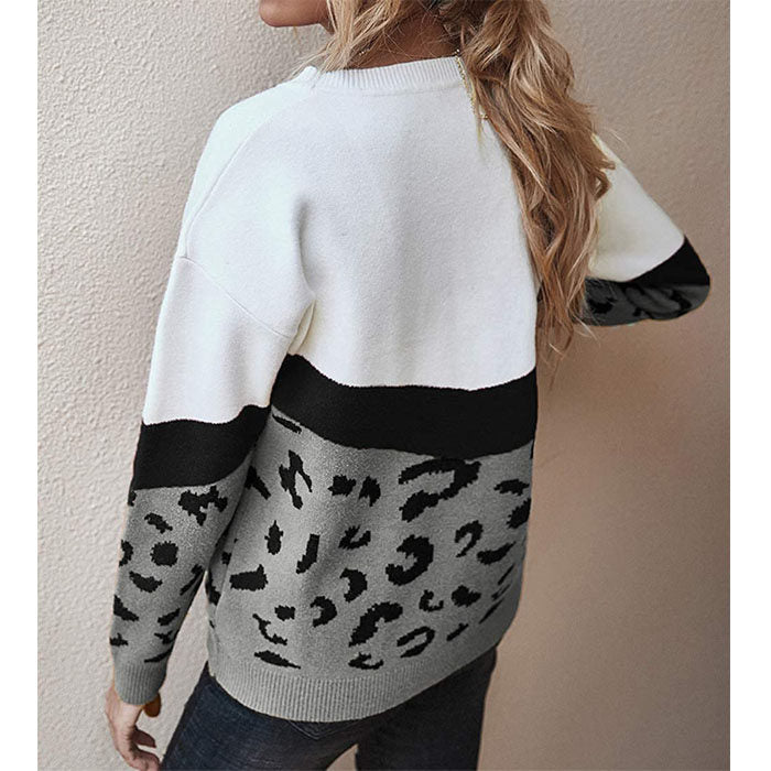 Beakey Women¡¯s Casual Knitted Sweater Leopard Print Color Block Loose Pullover-Gray-K208002