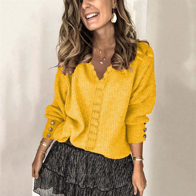 Beakey Womens Pullover Sweater Lace V Neck Long Sleeve Button Top-Yellow