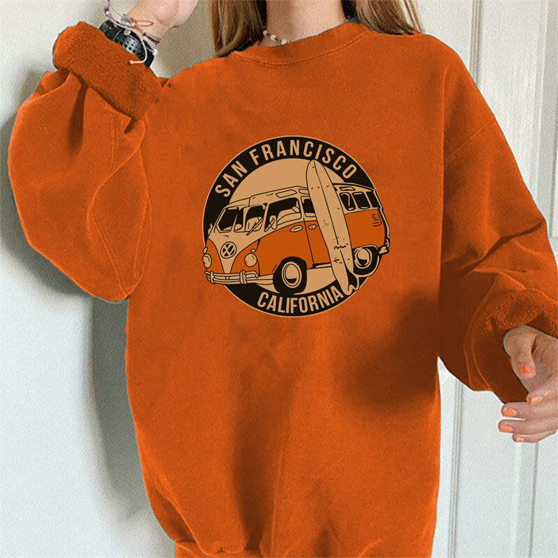 Beakey Vintage Sweatshirt for Women Bus Graphic Crewneck Fleece Pullover-Orange