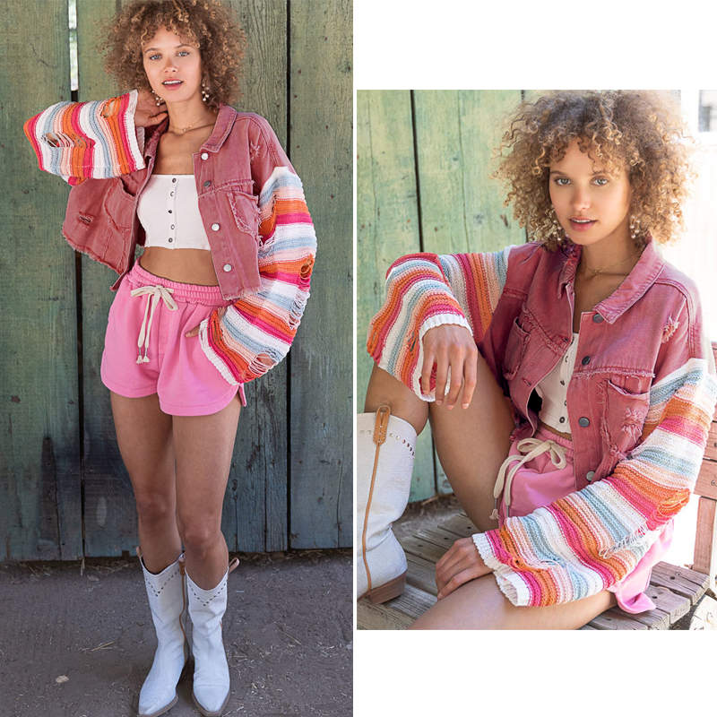 Beakey Womens Patchwork Denim Jacket Rainbow Knit Long Sleeve Crop Coat-Red