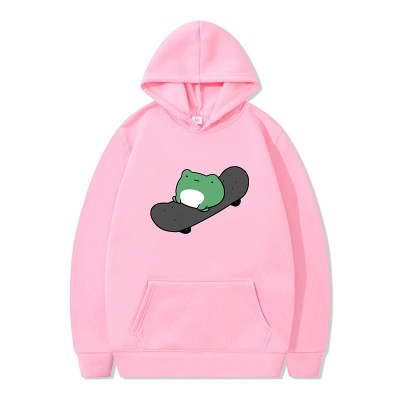 Beakey Womens Cute Hoodie Skateboarding Frog Long Sleeve Pullover-Pink