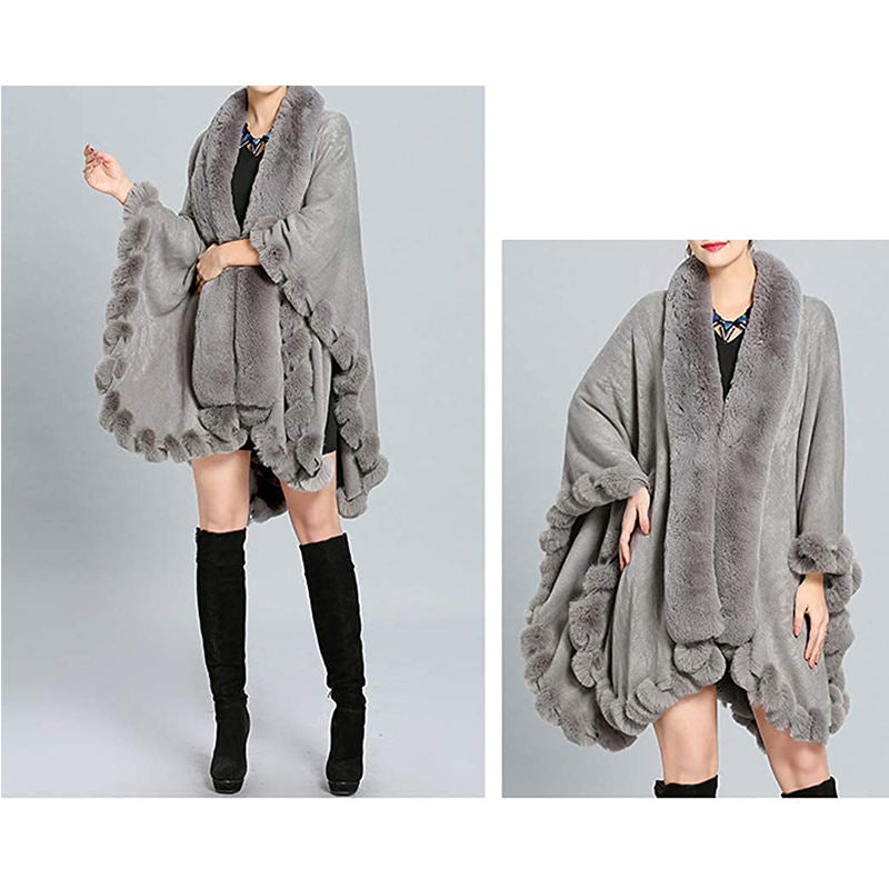 Beakey Womens Faux Fox Fur Trim Cardigan Shawl Oversized Cape-Light Grey