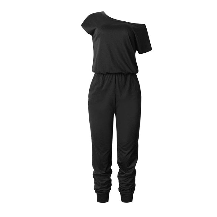 Beakey Women's Loose Solid Off Shoulder Elastic Waist Stretchy Long Romper Jumpsuit with Pockets - Black