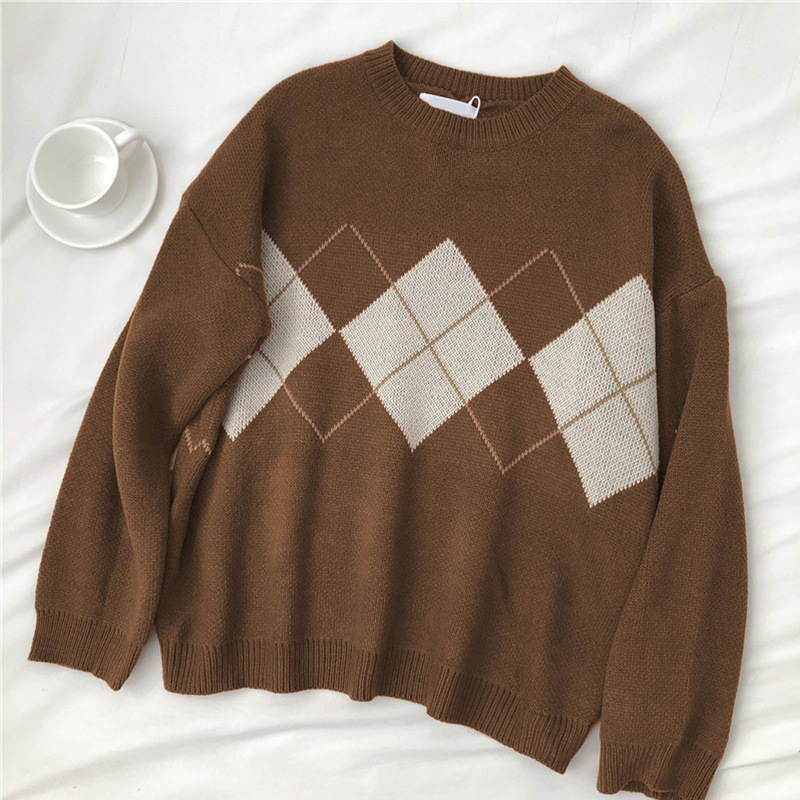 Beakey Women Plaid Sweater Preppy Style Vintage Pullover-Camel