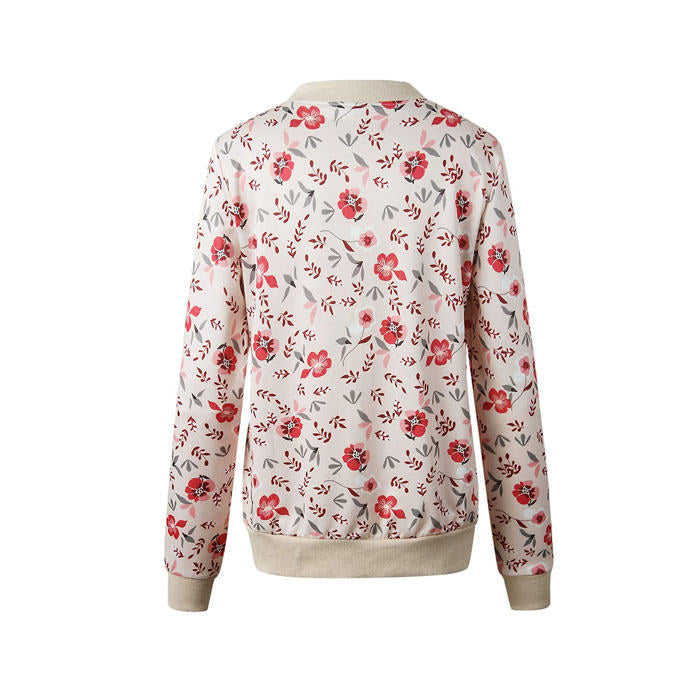 Beakey Women's Fashion Zip Up Casual Jacket Coat Short Outwear Flower Printing Tops-Pink-8795