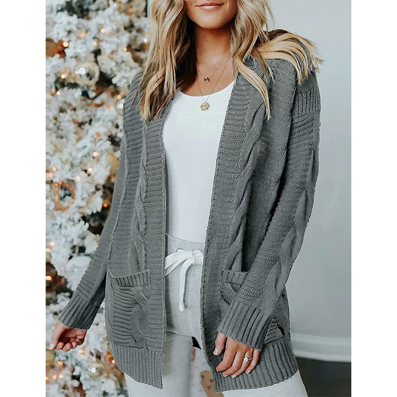 Beakey Womens Long Sleeve Cable Knit Cardigan Sweater Mid Length Coat-Grey