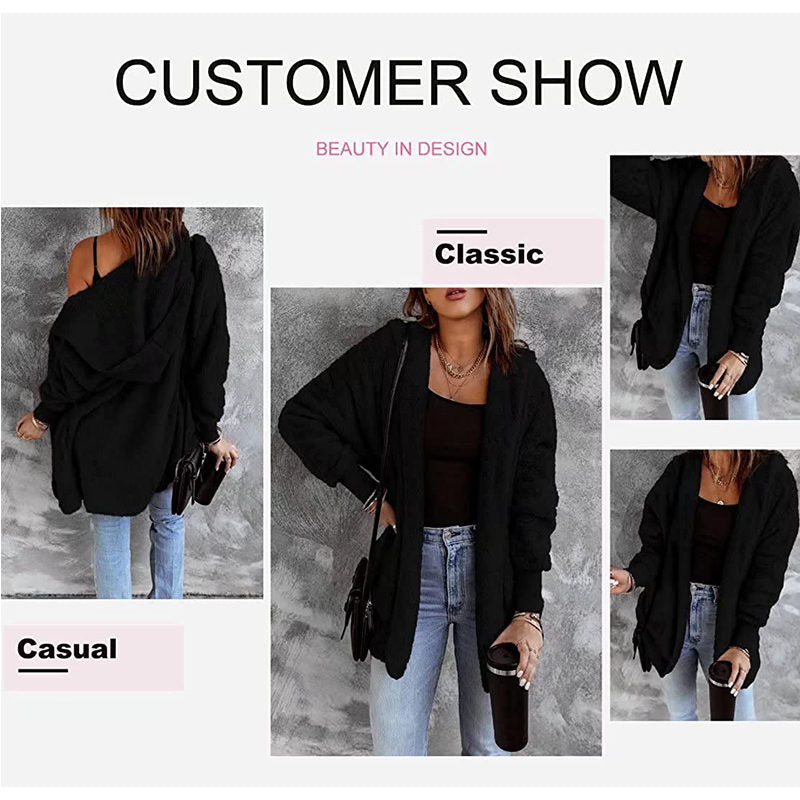 Beakey Womens Long Sleeve Fuzzy Fleece Jacket Hooded Cardigan Coat with Pockets-Black