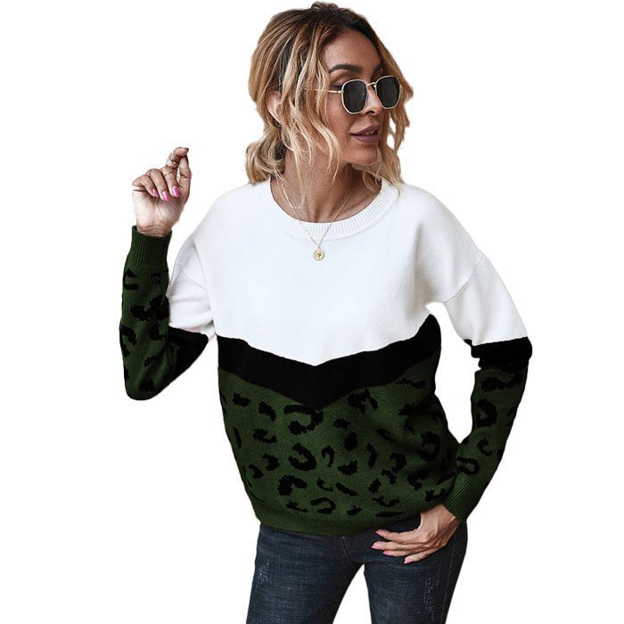 Beakey Women¡¯s Casual Knitted Sweater Leopard Print Color Block Loose Pullover-Army Green-K208002