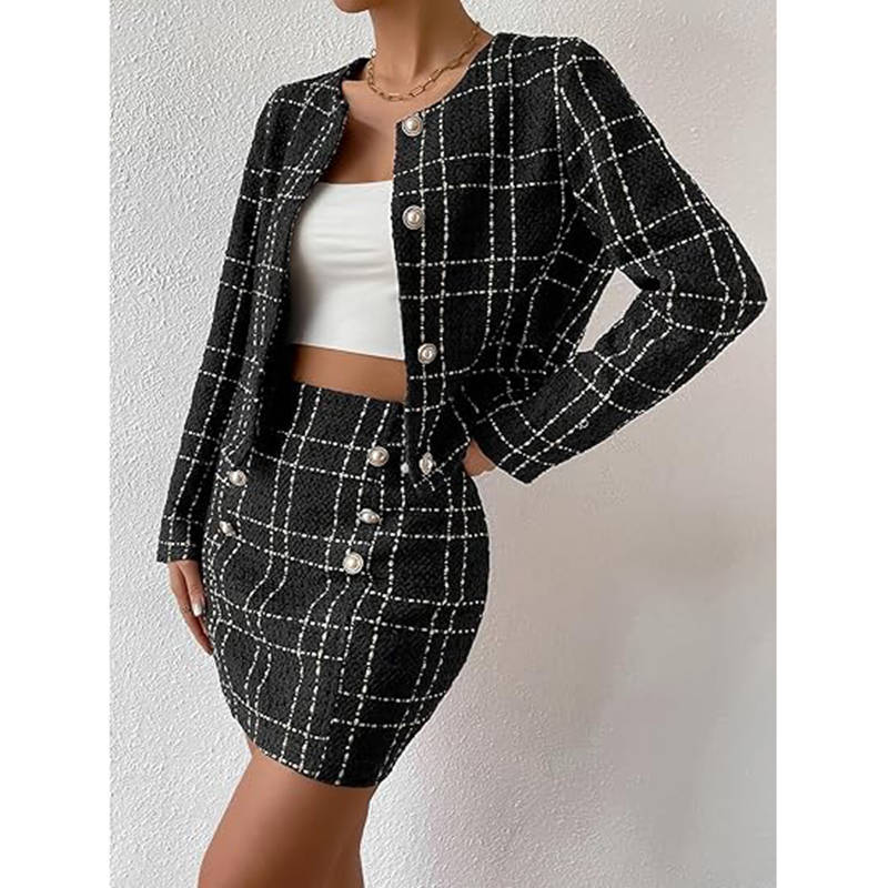 Beakey Elegant Outfit for Women Plaid Tweed Jacket + Bodycon Mini Skirt-Black