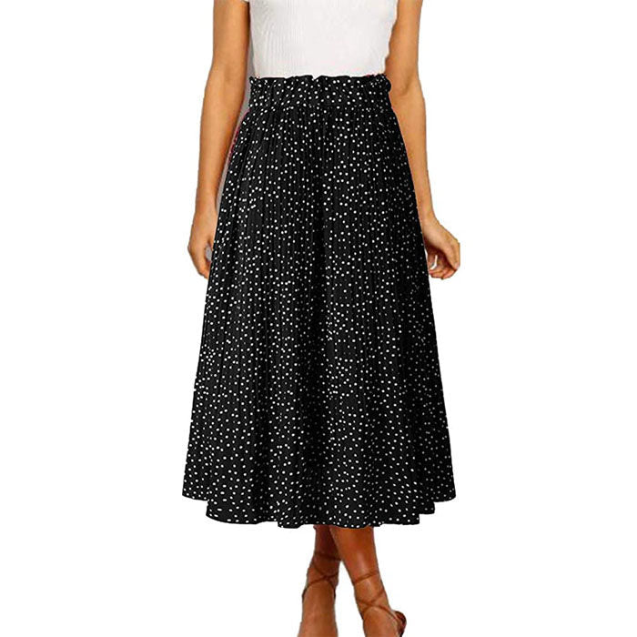 Beakey Womens High Waist Skirt Polka Dot Pleated Midi Maxi Swing Skirt High Elastic-Black-0387
