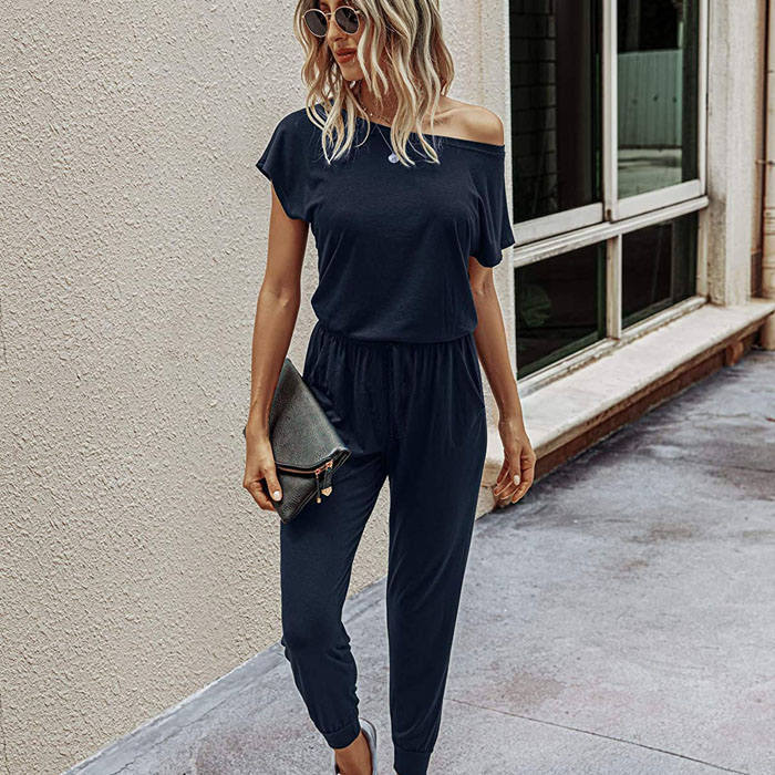 Beakey Women's Loose Solid Off Shoulder Elastic Waist Stretchy Long Romper Jumpsuit with Pockets - Navy