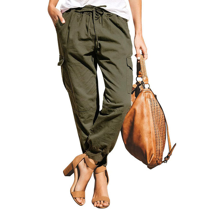 Beakey Women's Fashion Waist Cargo Pants Drawstring Trousers with Pockets-Green-D29