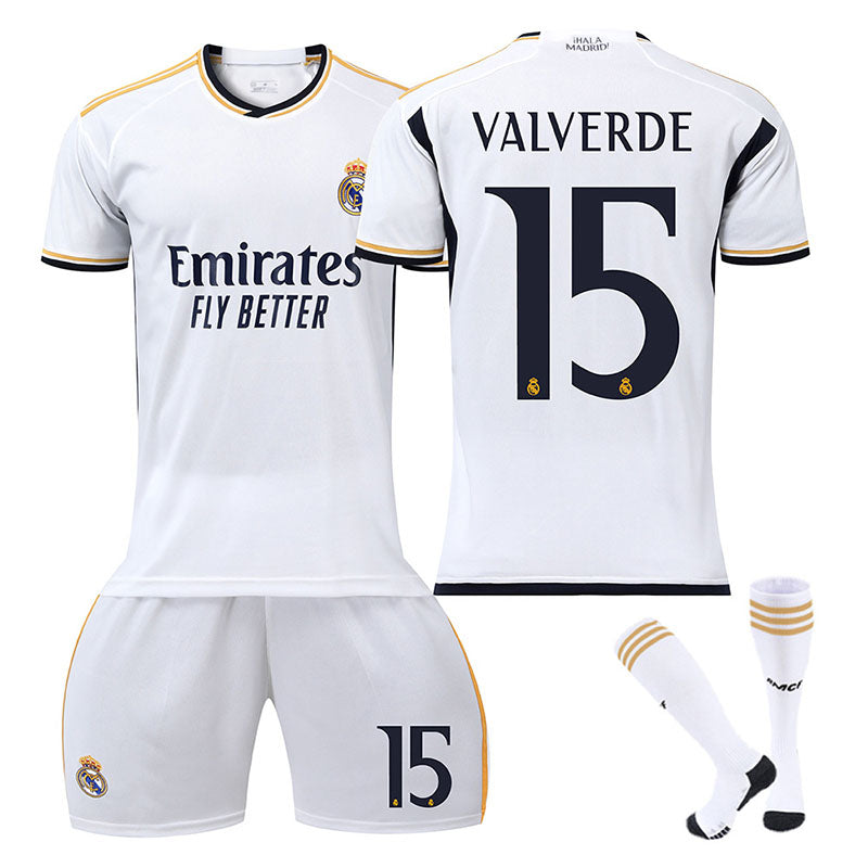 Beakey Real Madrid Home Jersey VALVERDE #15 Soccer Jersey Kids Adult 3Pcs Jersey Kits