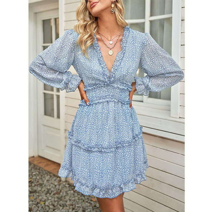 Beakey Womens Spring Summer Deep V Neck Ruffle Long Sleeve Mini Dress-Sky Blue-LC220829-1