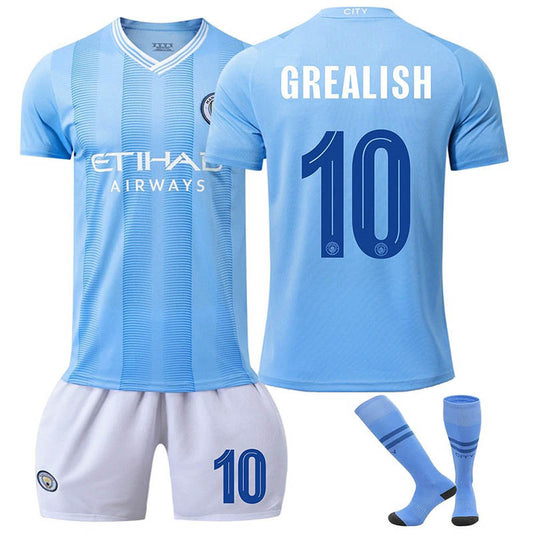 Beakey Manchester City Home GREALISH #10 Soccer Jersey Kids Adult 3Pcs Kits