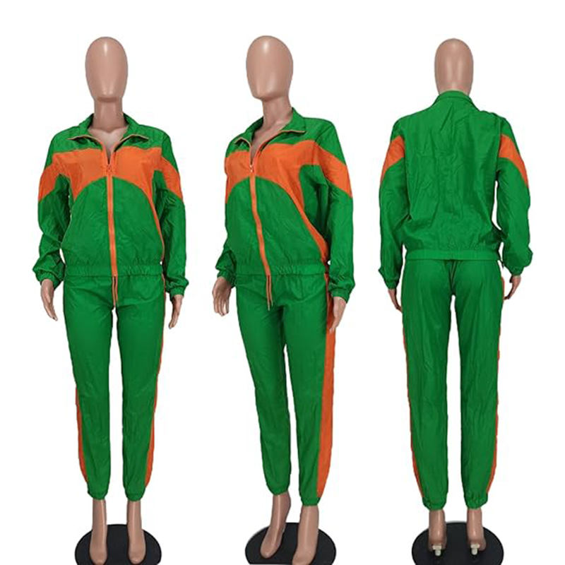 Beakey Womens Windbreaker Jacket Pants Colorblock Patchwork Tracksuit-Green