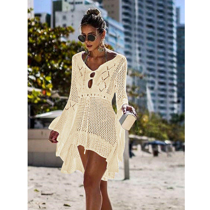 Beakey Women Beach Swimsuit for Women Flared Sleeves Coverups Bikini Loose Cover Up Net-Apricot