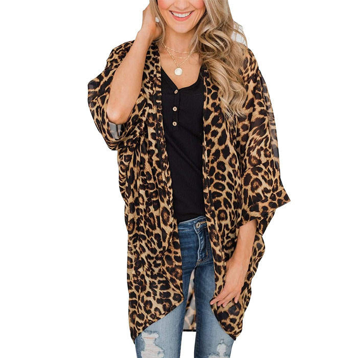 Beakey Women's Summer Floral Print Kimonos Loose Half Sleeve Chiffon Cardigan Blouses Casual Cover Up - Leopard