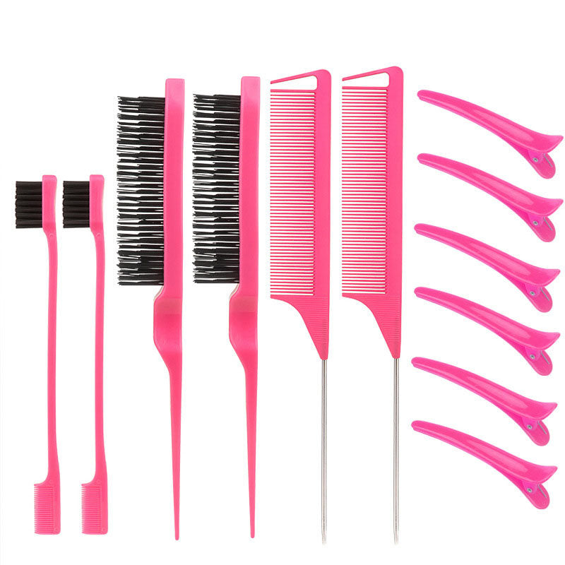 Beakey 12 Pcs Hair Brush with Rat Tail Combs Duckbill Clips for Women Girls-Rose Red