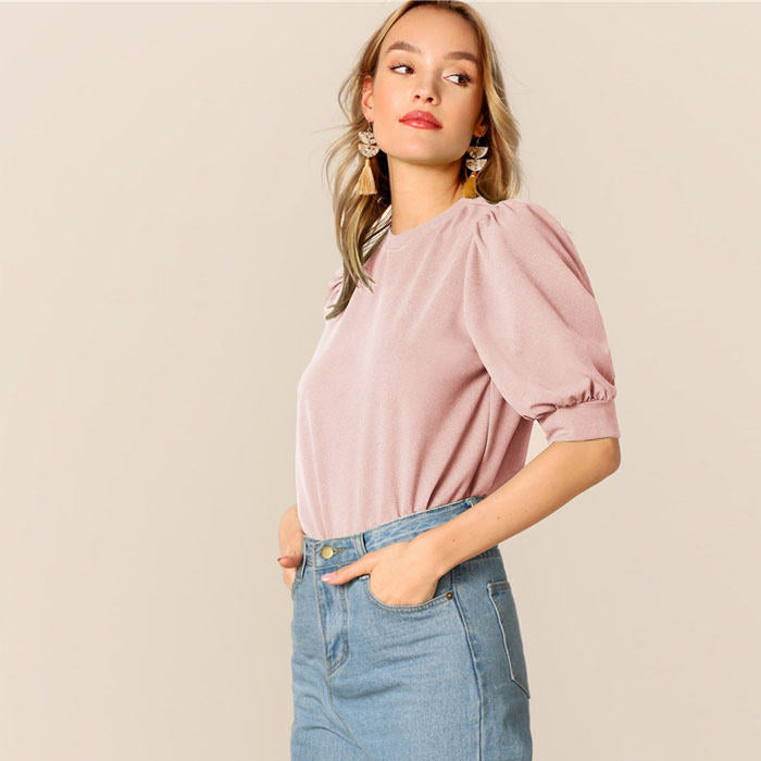 Beakey Women's Unique Puff Sleeve Casual Solid Top Pullover Keyhole Back Blouse-Pink-8821