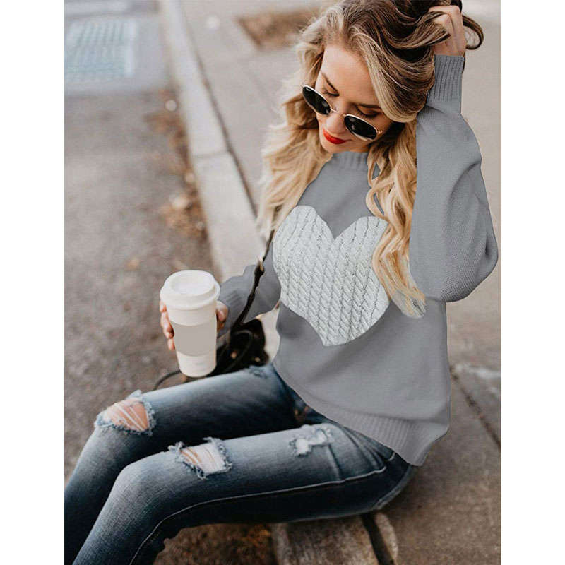 Beakey Women's Long Sleeve Pullover Sweater CrewNeck Cute Heart Knit Sweater-Grey