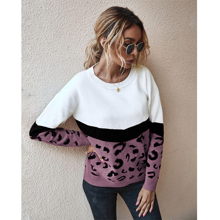 Beakey Women¡¯s Casual Knitted Sweater Leopard Print Color Block Loose Pullover-Purple-K208002