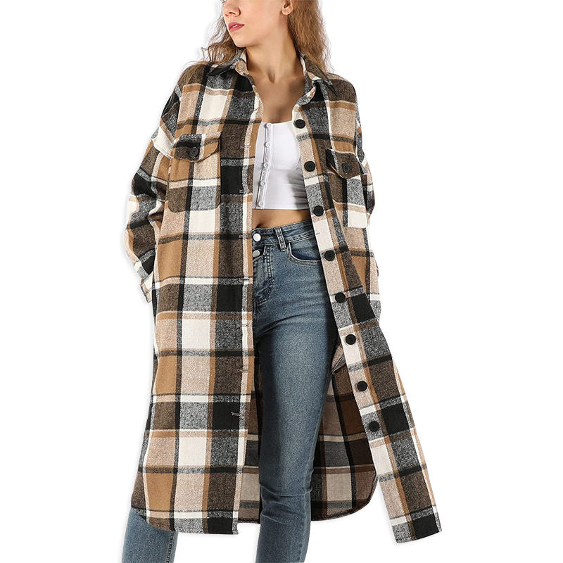 Beakey Womens Casual Plaid Long Coat Lapel Button Down Shirts Jacket-Brown