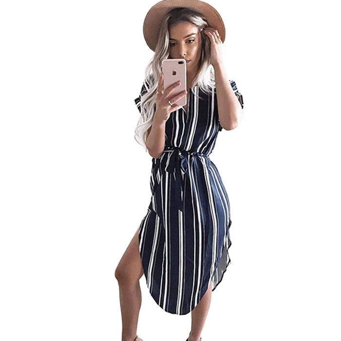 Beakey Womens Sexy Dresses Summer Casual V-Neck Printing Pattern Belted Slim Dress-Blue Strips