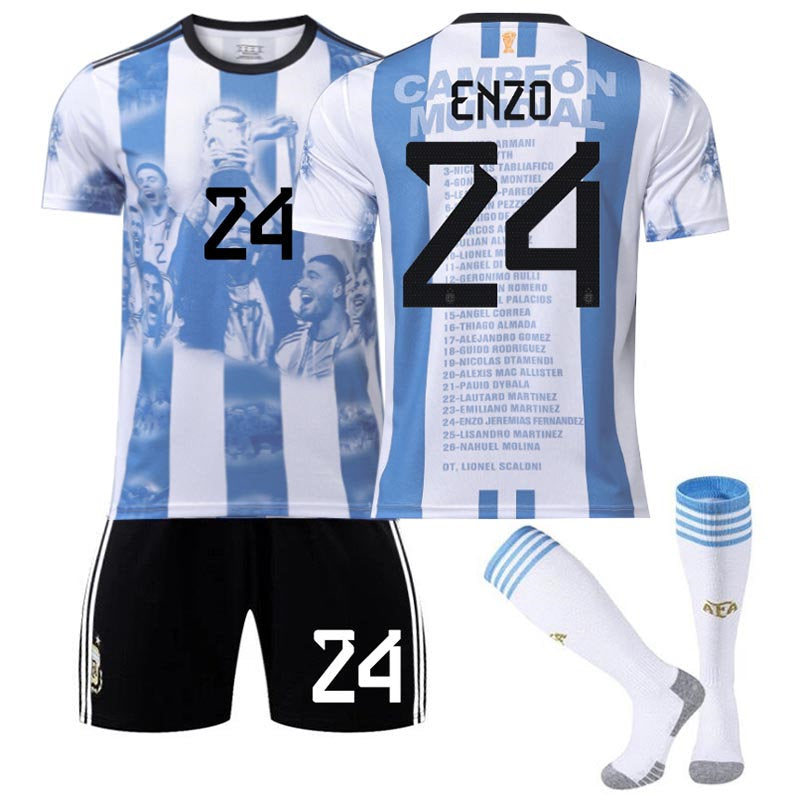 Beakey Argentina Win Commemoration Jersey 2324 Edition ENZO #24 Soccer Jersey Kids Adult 3Pcs Jersey Kits