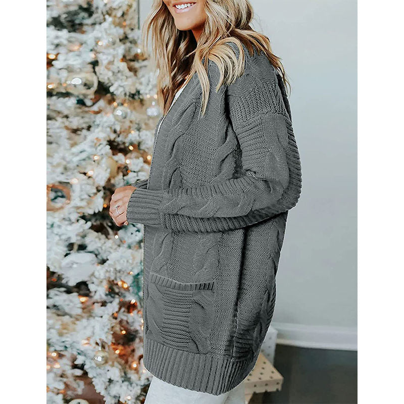 Beakey Womens Long Sleeve Cable Knit Cardigan Sweater Mid Length Coat-Grey