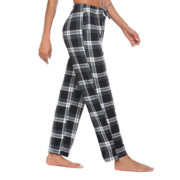 Beakey Women Lounge Pants Comfy Pajama Bottom Stretch Plaid Drawstring Bottoms Pants-Black-SP127