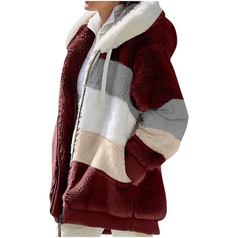 Beakey Womens Warm Coats Fuzzy Sherpa Hooded Jacket with Pockets-Wine Red