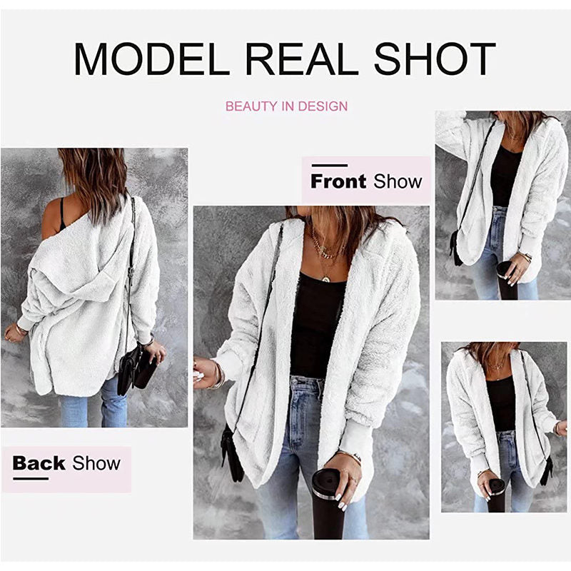 Beakey Womens Long Sleeve Fuzzy Fleece Jacket Hooded Cardigan Coat with Pockets-White