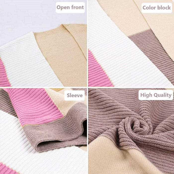 Beakey Womens Color Block Cardigan Open Front Sweaters Loose Knit Casual Coat-Rose Red-AL6009