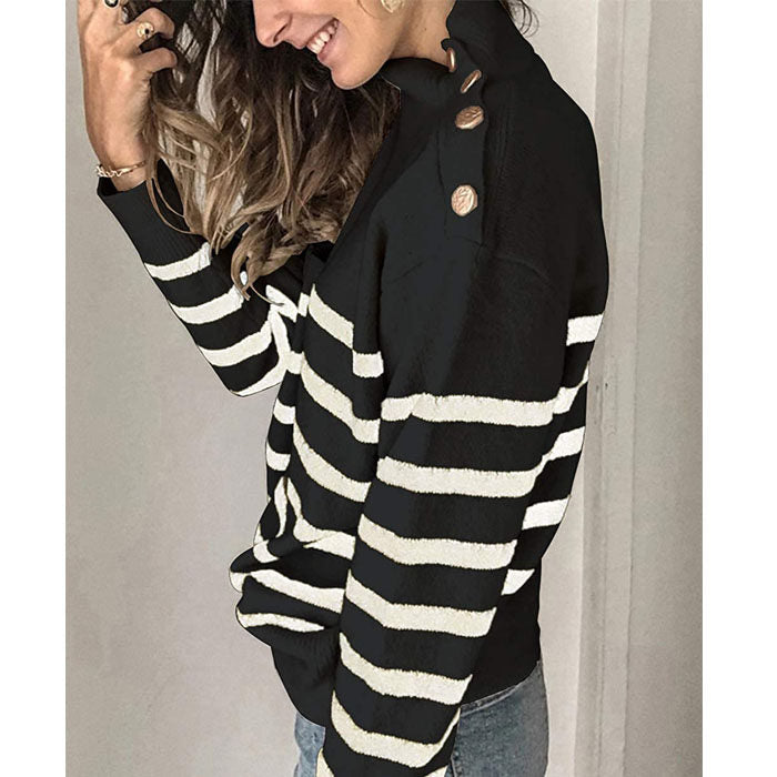 Beakey Women¡¯s Long Sleeves Knit Sweater Turtleneck Striped Loose Tops with Metal Button-Black-6222