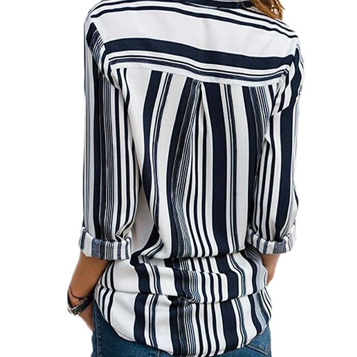 Beakey Women Autumn V Neck Striped Printing Roll up Sleeve Button Down Blouses Top-White-623