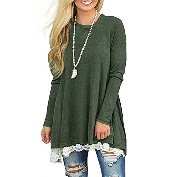 Beakey Women's Crew Neck Long Sleeve Lace Splicing Shirt Long Tunic Blouses-Army Green-1228