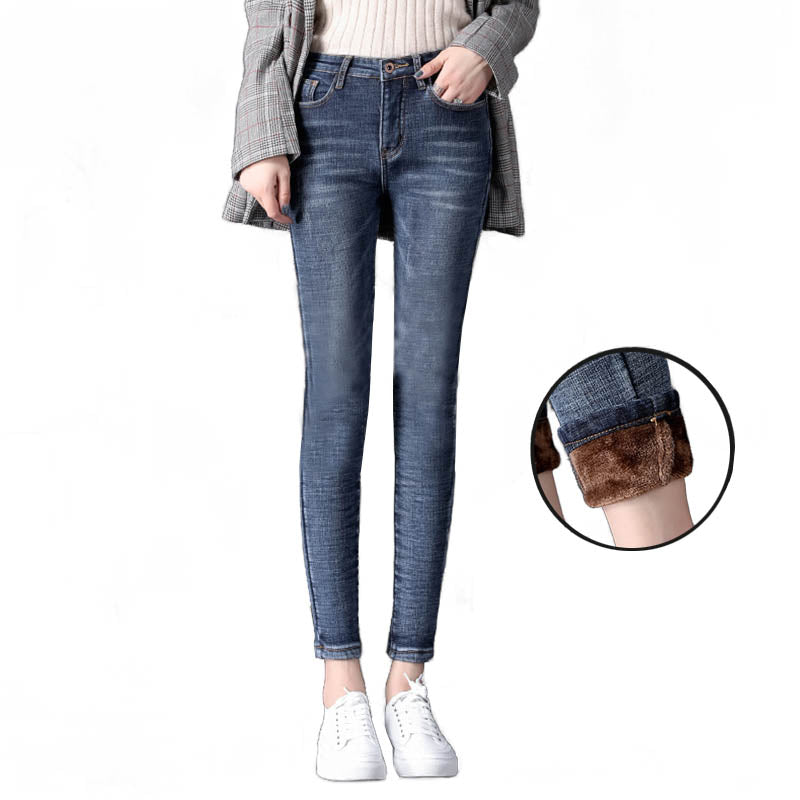 Beakey Womens Fleece Jeans with Pockets High Waist Stretch Trousers-688-RetroBlue