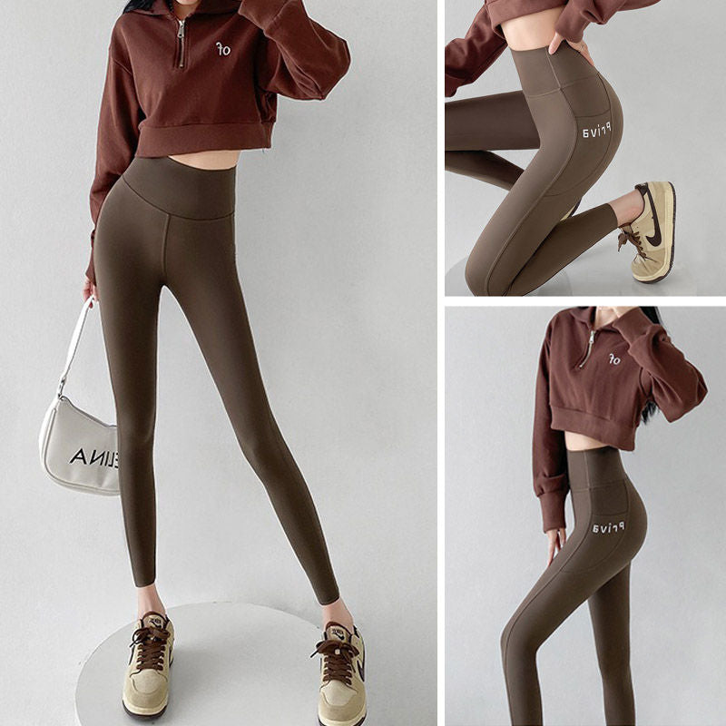 Beakey Womens Leggings High Waisted with Pockets Yoga Pants for Spring Fall-Coffee