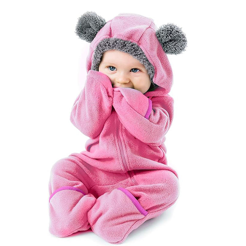 Beakey Baby Fleece Bodysuit Zipper Closure with Hood & Mittens for Winter-Pink