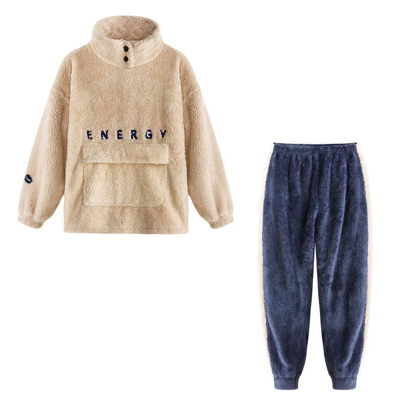 Beakey Thickening Coral Fleece Pajamas Set for Women-Beige
